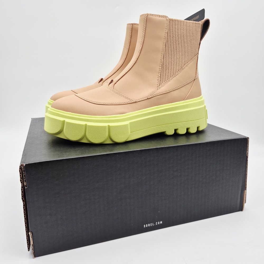 Sorel Caribou X Waterproof Platform Boots Chelsea Women's Size 9 Tan Lime Green